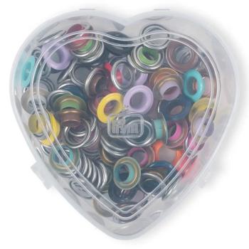 Preview: Prym Ösen mit Scheiben, bunt, in Herzbox, 11 mm 542621